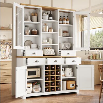 BEAOK Credenza Alta In Mdf E Vetro Bianco 120 X 40 X 185 Cm, 5 Cassetti, Portabottiglie Removibile, Anta In Vetro Soft-close BEAOK Credenza Alta In Mdf E Vetro Bianco 120 X 40 X 185 Cm, 5 Cassetti, Portabottiglie Removibile, Anta In Vetro Soft-close