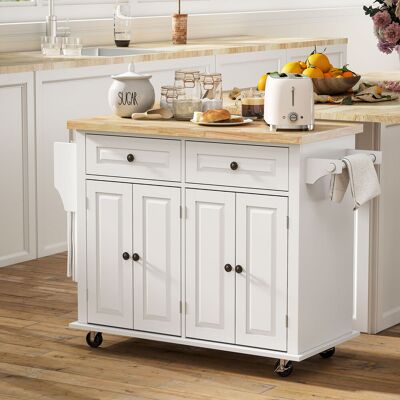 PZCC Carrello Da Cucina Con Isola E Molteplici Opzioni Di Contenimento: 2 Cassetti, 2 Armadietti, 2 Ante Con Portabottiglie, Portasciugamani E Ripiano Regolabile, In Mdf Di Legno Di Caucciù Bianco. PZCC Carrello Da Cucina Con Isola E Molteplici Opzioni Di Contenimento: 2 Cassetti, 2 Armadietti, 2 Ante Con Portabottiglie, Portasciugamani E Ripiano Regolabile, In Mdf Di Legno Di Caucciù Bianco.