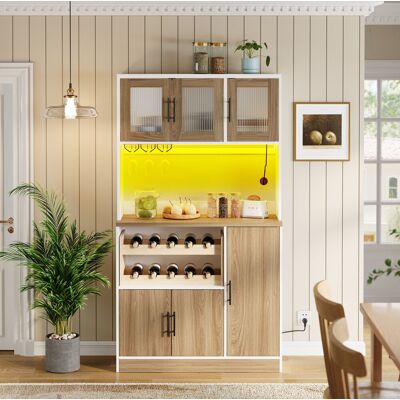 COVREO Credenza Da Cucina 100x40x180 Cm Bianco E Rovere Mdf Con Led Rgb, Presa Integrata, Portabicchieri E Portabottiglie COVREO Credenza Da Cucina 100x40x180 Cm Bianco E Rovere Mdf Con Led Rgb, Presa Integrata, Portabicchieri E Portabottiglie