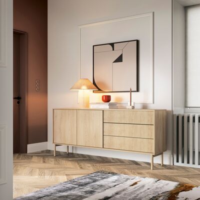 DMORA Credenza Haza, Madia 3 Cassetti, 2 Ripiani, Apertura Battente, Scorrevole, 187x40x80h Cm Marrone Rovere DMORA Credenza Haza, Madia 3 Cassetti, 2 Ripiani, Apertura Battente, Scorrevole, 187x40x80h Cm Marrone Rovere