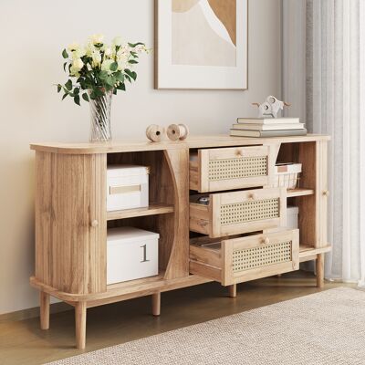 MODENVIE Madia Con 2 Ante Scorrevoli, 3 Cassetti In Rattan E Ripiani Regolabili, 140.5 X 40 X 76 Cm MODENVIE Madia Con 2 Ante Scorrevoli, 3 Cassetti In Rattan E Ripiani Regolabili, 140.5 X 40 X 76 Cm