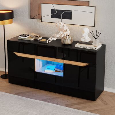 OKWISH Buffet Per Soggiorno Con Illuminazione Led, 4 Cassetti, Vano A Due Ante, Cassettiera Senza Maniglia – Nero E Legno – 140x40x70 Cm OKWISH Buffet Per Soggiorno Con Illuminazione Led, 4 Cassetti, Vano A Due Ante, Cassettiera Senza Maniglia – Nero E Legno – 140x40x70 Cm