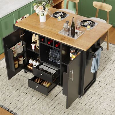 MODENVIE Carrello Da Cucina Con 2 Cassetti E 2 Ante, Piano Ribaltabile, Portasciugamani E Ruote, Nero MODENVIE Carrello Da Cucina Con 2 Cassetti E 2 Ante, Piano Ribaltabile, Portasciugamani E Ruote, Nero
