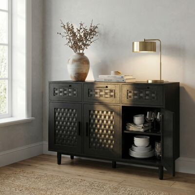 LONELYO Buffet In Legno Effetto Rattan, Credenza Con 3 Cassetti E 3 Ante, 108x40x80 Cm, Mobile Contenitore Anti-ribaltamento, Stile Bohémien Moderno, Per Soggiorno E Cucina, Nero LONELYO Buffet In Legno Effetto Rattan, Credenza Con 3 Cassetti E 3 Ante, 108x40x80 Cm, Mobile Contenitore Anti-ribaltamento, Stile Bohémien Moderno, Per Soggiorno E Cucina, Nero