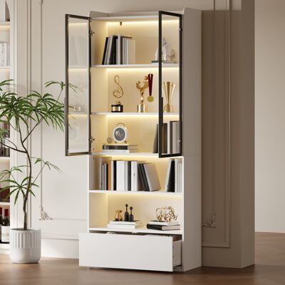 COVREO Vetrina 80x34x180 Cm Bianca In Mdf E Vetro Con Led, 1 Cassetto E Ripiani Multipli COVREO Vetrina 80x34x180 Cm Bianca In Mdf E Vetro Con Led, 1 Cassetto E Ripiani Multipli
