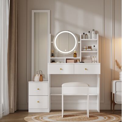 BEAOK Toeletta 4-in-1 109x36x164 Cm Bianca — Specchio Led Tricolore, Specchio Girevole 360° E Contenitore BEAOK Toeletta 4-in-1 109x36x164 Cm Bianca — Specchio Led Tricolore, Specchio Girevole 360° E Contenitore