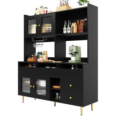 STILVORA Credenza Alta Da Cucina Con Cassetti, Vani Aperti E Portabottiglie, Ante In Vetro Rigato, In Mdf, 145 X 39 X 171 Cm, Nero STILVORA Credenza Alta Da Cucina Con Cassetti, Vani Aperti E Portabottiglie, Ante In Vetro Rigato, In Mdf, 145 X 39 X 171 Cm, Nero