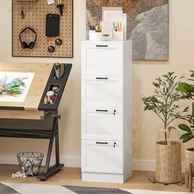 PZCC Mobile Da Ufficio, Contenitore In Legno Con 4 Cassetti E Serratura, Barre Appendiabiti Regolabili, 40 X 40 X 131 Cm, Bianco PZCC Mobile Da Ufficio, Contenitore In Legno Con 4 Cassetti E Serratura, Barre Appendiabiti Regolabili, 40 X 40 X 131 Cm, Bianco