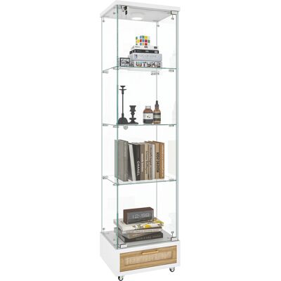 STILVORA Vetrina Con 1 Porta, 4 Ripiani, Cassetti, Led E Ruote, Per Soggiorno O Camera, In Mdf E Vetro, Bianco STILVORA Vetrina Con 1 Porta, 4 Ripiani, Cassetti, Led E Ruote, Per Soggiorno O Camera, In Mdf E Vetro, Bianco