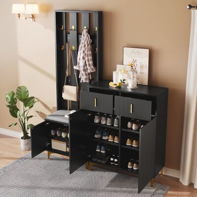 MODENVIE Mobile Da Ingresso Con Panca Scarpiera 2 Ante E 2 Cassetti, Appendiabiti Da Parete Con Ganci, Cuscino, Nero MODENVIE Mobile Da Ingresso Con Panca Scarpiera 2 Ante E 2 Cassetti, Appendiabiti Da Parete Con Ganci, Cuscino, Nero