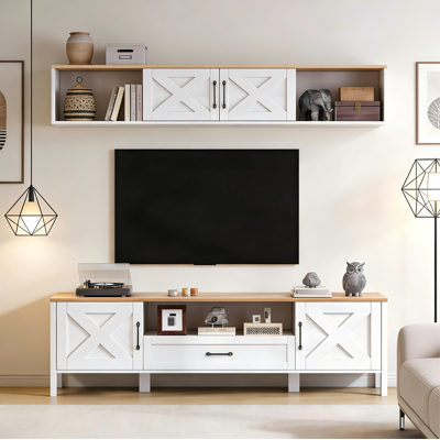 BEAOK Mobile Tv In Mdf Bianco Con Vetrina Pensile, Set Parete 180 X 40 X 50 Cm, 4 Ante, 1 Cassetto, Per Tv Fino A 80" BEAOK Mobile Tv In Mdf Bianco Con Vetrina Pensile, Set Parete 180 X 40 X 50 Cm, 4 Ante, 1 Cassetto, Per Tv Fino A 80"