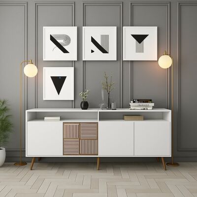 DMORA Credenza Benjamin, Madia 2 Ripiani, 6 Vani, 4 Ante, 180x35x79h Cm Bianco DMORA Credenza Benjamin, Madia 2 Ripiani, 6 Vani, 4 Ante, 180x35x79h Cm Bianco