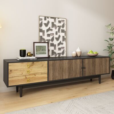 SOLKVUNZA Mobile Tv Madia Nero E Legno 180 Cm - Grande Panca Tv Bassa Moderna Con 2 Ante A Motivi Ondulati, 3 Cassetti E Piedi In Legno Massello SOLKVUNZA Mobile Tv Madia Nero E Legno 180 Cm - Grande Panca Tv Bassa Moderna Con 2 Ante A Motivi Ondulati, 3 Cassetti E Piedi In Legno Massello