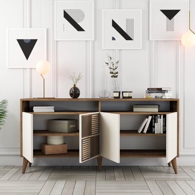 DMORA Credenza Thuile, Madia 2 Ripiani, 4 Ante, 6 Vani, 160x35x78h Cm Bianco Crema DMORA Credenza Thuile, Madia 2 Ripiani, 4 Ante, 6 Vani, 160x35x78h Cm Bianco Crema