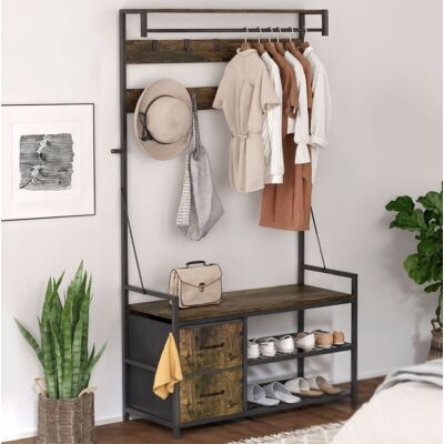 COVREO Appendiabiti Con Panca 100x40x180 Cm Marrone E Nero In Legno E Metallo Con 10 Ganci, Cassetti In Tessuto E Scarpiera COVREO Appendiabiti Con Panca 100x40x180 Cm Marrone E Nero In Legno E Metallo Con 10 Ganci, Cassetti In Tessuto E Scarpiera