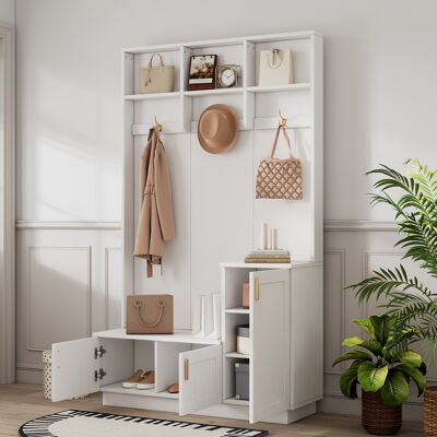 MODENVIE Mobile Da Ingresso Con Panca Scarpiera, 3 Ganci, Vani Aperti E Ripiano Regolabile, Bianco, 120 X 40 X 200 Cm MODENVIE Mobile Da Ingresso Con Panca Scarpiera, 3 Ganci, Vani Aperti E Ripiano Regolabile, Bianco, 120 X 40 X 200 Cm
