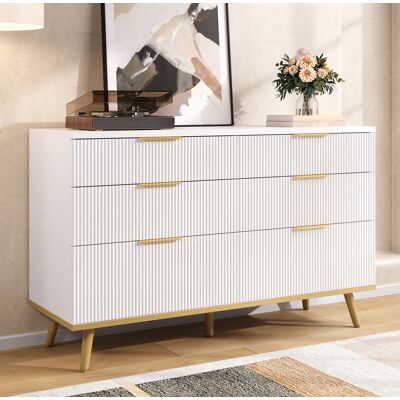 BEAOK Comò In Truciolare Bianco 120 X 40 X 76,5 Cm Con 6 Cassetti E Piedi Effetto Legno BEAOK Comò In Truciolare Bianco 120 X 40 X 76,5 Cm Con 6 Cassetti E Piedi Effetto Legno
