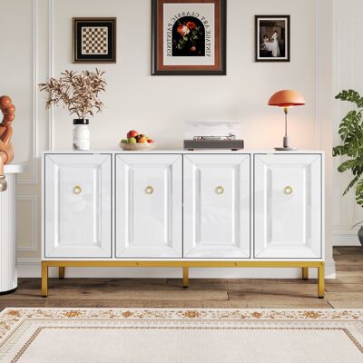 SOLKVUNZA Madia 140 X 40 X 80 Cm Bianca Lucida E Oro, Grande Sideboard Cassettiera Chic Per Ingresso O Soggiorno Con 4 Ante Geometriche E Ripiani SOLKVUNZA Madia 140 X 40 X 80 Cm Bianca Lucida E Oro, Grande Sideboard Cassettiera Chic Per Ingresso O Soggiorno Con 4 Ante Geometriche E Ripiani