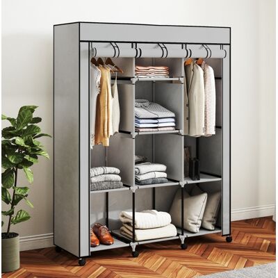 BEAOK Armadio In Tessuto Grigio Chiaro 125x43x162,5 Cm — 2 Aste, 8 Ripiani, Anta Cerniera BEAOK Armadio In Tessuto Grigio Chiaro 125x43x162,5 Cm — 2 Aste, 8 Ripiani, Anta Cerniera