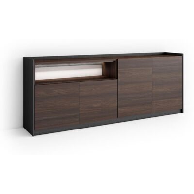 SKRAUT HOME - Credenza, Mobile, Cucina, Madia, Mobile Ingresso, 207x37x80cm, 4 Porte, Led, Stile Moderno, Rovere Scuro E Nero SKRAUT HOME - Credenza, Mobile, Cucina, Madia, Mobile Ingresso, 207x37x80cm, 4 Porte, Led, Stile Moderno, Rovere Scuro E Nero