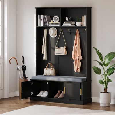 MODENVIE Mobile Da Ingresso Con Panca Scarpiera, 6 Ganci Tripli E Ripiano Aperto, Antiribaltamento, Nero, 120 X 40 X 191 Cm MODENVIE Mobile Da Ingresso Con Panca Scarpiera, 6 Ganci Tripli E Ripiano Aperto, Antiribaltamento, Nero, 120 X 40 X 191 Cm