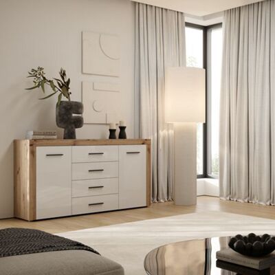 DMORA Credenza Lemaseti, Madia 4 Cassetti, 4 Ripiani, Apertura Battente, Scorrevole, 155x42x88h Cm Marrone Rovere DMORA Credenza Lemaseti, Madia 4 Cassetti, 4 Ripiani, Apertura Battente, Scorrevole, 155x42x88h Cm Marrone Rovere