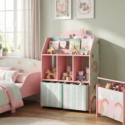 PZCC Scaffale Portagiochi Bambini In Legno Fsc, 2 Contenitori Rimovibili In Tessuto E Ripiani, Per Cameretta, Rosa PZCC Scaffale Portagiochi Bambini In Legno Fsc, 2 Contenitori Rimovibili In Tessuto E Ripiani, Per Cameretta, Rosa