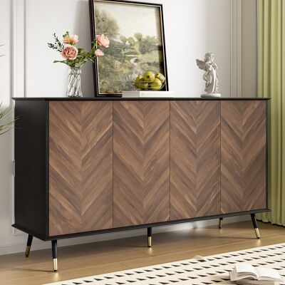 SOLKVUNZA Credenza Moderna 140 Cm - Motivo Chevron 3d, Mobile Contenitore A 4 Ante Per Cucina E Soggiorno, Nero E Legno Con Piedini In Metallo Dorato, Ripiani Regolabili - Stile Chic SOLKVUNZA Credenza Moderna 140 Cm - Motivo Chevron 3d, Mobile Contenitore A 4 Ante Per Cucina E Soggiorno, Nero E Legno Con Piedini In Metallo Dorato, Ripiani Regolabili - Stile Chic