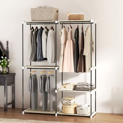 PZCC Armadio Aperto Con 4 Ripiani In Tessuto, 3 Barre Appendiabiti, Struttura In Metallo, 142x43x185 Cm, Color Crema. PZCC Armadio Aperto Con 4 Ripiani In Tessuto, 3 Barre Appendiabiti, Struttura In Metallo, 142x43x185 Cm, Color Crema.