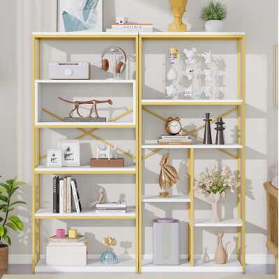 BEAOK Scaffale In Mdf E Metallo Oro/bianco 160 X 29,5 X 180 Cm, Design Aperto Multiripiano BEAOK Scaffale In Mdf E Metallo Oro/bianco 160 X 29,5 X 180 Cm, Design Aperto Multiripiano