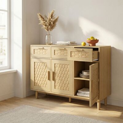 LONELYO Buffet In Legno Effetto Rattan, Credenza Con 3 Cassetti E 3 Ante, 108x40x80 Cm, Mobile Contenitore Anti-ribaltamento, Stile Bohémien Moderno, Per Soggiorno E Cucina, Rovere Chiaro LONELYO Buffet In Legno Effetto Rattan, Credenza Con 3 Cassetti E 3 Ante, 108x40x80 Cm, Mobile Contenitore Anti-ribaltamento, Stile Bohémien Moderno, Per Soggiorno E Cucina, Rovere Chiaro