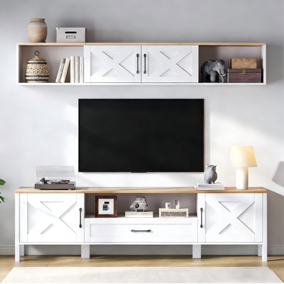COVREO Set Mobile Tv 180x40x50 Cm Bianco In Mdf Con Vetrina Pensile, 4 Ante E 1 Cassetto COVREO Set Mobile Tv 180x40x50 Cm Bianco In Mdf Con Vetrina Pensile, 4 Ante E 1 Cassetto