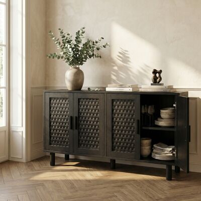 LONELYO Madie In Legno Effetto Rattan, Buffet, Credenza Con 3 Cassetti E 3 Ante, 108x40x80 Cm, Mobile Contenitore Anti-ribaltamento, Stile Bohémien Moderno, Per Soggiorno E Cucina, Nero LONELYO Madie In Legno Effetto Rattan, Buffet, Credenza Con 3 Cassetti E 3 Ante, 108x40x80 Cm, Mobile Contenitore Anti-ribaltamento, Stile Bohémien Moderno, Per Soggiorno E Cucina, Nero