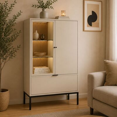 DMORA Vetrina Lolamaha, Mobile Espositore 3 Ripiani, Un Cassetto, 2 Ante, 76x40x116h Cm Beige DMORA Vetrina Lolamaha, Mobile Espositore 3 Ripiani, Un Cassetto, 2 Ante, 76x40x116h Cm Beige