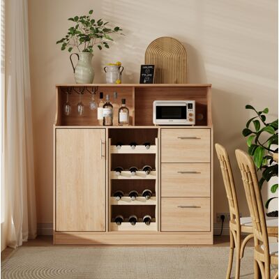 BEAOK Credenza Bar In Mdf Naturale E Bianco 120x40x121 Cm Con Portabottiglie, Portabicchieri, Led, Presa Integrata E Cassetti BEAOK Credenza Bar In Mdf Naturale E Bianco 120x40x121 Cm Con Portabottiglie, Portabicchieri, Led, Presa Integrata E Cassetti