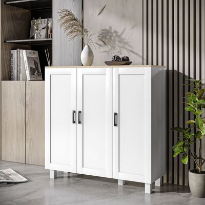 PZCC Credenza/mobile Buffet Per Soggiorno Con 3 Ante E Ripiani Regolabili, Stile Nordico, Per Cucina E Sala Da Pranzo, 90x30x90 Cm, Colore Bianco. PZCC Credenza/mobile Buffet Per Soggiorno Con 3 Ante E Ripiani Regolabili, Stile Nordico, Per Cucina E Sala Da Pranzo, 90x30x90 Cm, Colore Bianco.