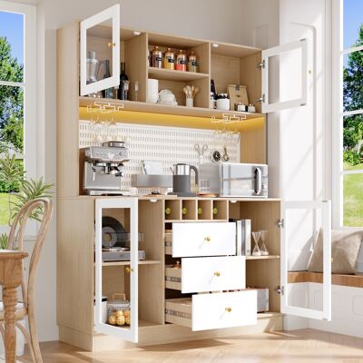 MODENVIE Credenza Alta Da Cucina Con 1 Cassetto, Ripiani Regolabili, Portabicchieri E Illuminazione Led, Per Cucina, Mdf E Vetro, Bianco MODENVIE Credenza Alta Da Cucina Con 1 Cassetto, Ripiani Regolabili, Portabicchieri E Illuminazione Led, Per Cucina, Mdf E Vetro, Bianco