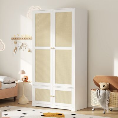 MODFU Armadio A 2 Ante 90x48x180 Cm Con Ante In Rattan, Spazio Per Appendere Abiti E Ripiani Fissi, In Mdf Bianco Per Camera Da Letto. MODFU Armadio A 2 Ante 90x48x180 Cm Con Ante In Rattan, Spazio Per Appendere Abiti E Ripiani Fissi, In Mdf Bianco Per Camera Da Letto.