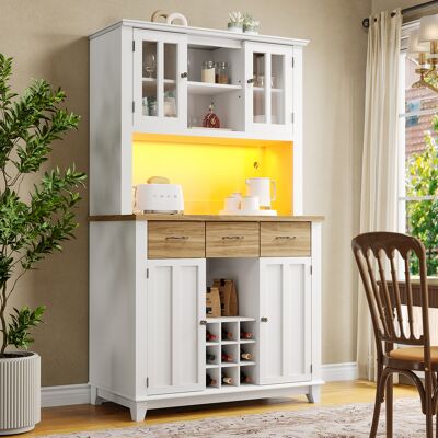 MODENVIE Credenza Cucina Alta Con Ripiani Regolabili E Portabottiglie Da 9 Posti, Led, Per Cucina E Soggiorno, 106×40×179,5 Cm MODENVIE Credenza Cucina Alta Con Ripiani Regolabili E Portabottiglie Da 9 Posti, Led, Per Cucina E Soggiorno, 106×40×179,5 Cm
