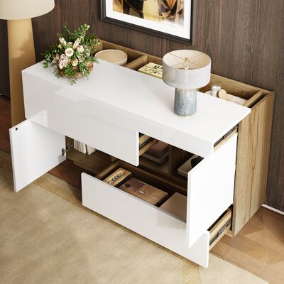 MODENVIE Madia Vetrina Con 2 Ante, 2 Cassetti E 1 Vano Aperto, Led A 16 Colori, Per Soggiorno, Pannelli Di Particelle, Bianco, 120 X 37 X 76.5 Cm MODENVIE Madia Vetrina Con 2 Ante, 2 Cassetti E 1 Vano Aperto, Led A 16 Colori, Per Soggiorno, Pannelli Di Particelle, Bianco, 120 X 37 X 76.5 Cm