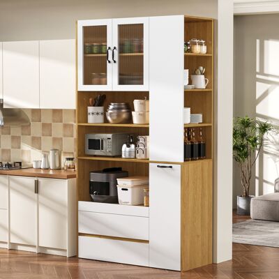 OKWISH Credenze E Buffet Con 2 Cassetti, Ripiano Estraibile E Ante In Vetro Striato, In Bianco E Naturale, 100x40x200 Cm OKWISH Credenze E Buffet Con 2 Cassetti, Ripiano Estraibile E Ante In Vetro Striato, In Bianco E Naturale, 100x40x200 Cm