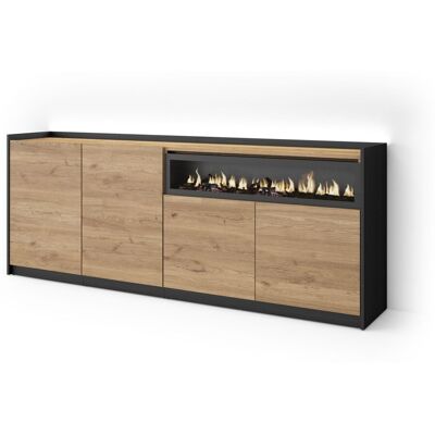 SKRAUT HOME - Credenza, Mobile, Cucina, Madia, Mobile Ingresso, 207x37x80cm, 4 Porte, Camino Elettrico, Led, Stile Moderno, Rovere E Nero SKRAUT HOME - Credenza, Mobile, Cucina, Madia, Mobile Ingresso, 207x37x80cm, 4 Porte, Camino Elettrico, Led, Stile Moderno, Rovere E Nero