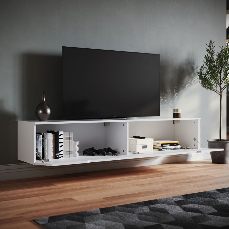 SONNI - 1600mm TV-Lowboard 2 portes Meuble tv suspendu moderne brillant avec lumière ambiante pour salon-chambre à coucher blanc