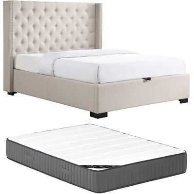 Unique Letto Con Contenitore 200 X 200 Cm Con Testata Trapuntata In Tessuto Beige + Materasso - Massimo Unique Letto Con Contenitore 200 X 200 Cm Con Testata Trapuntata In Tessuto Beige + Materasso - Massimo