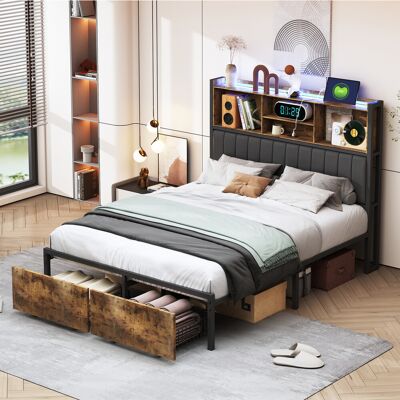 SOLKVUNZA Letto Con Cassetti 160x200 Cm Stile Industriale In Metallo E Legno Con Led E Ricarica Usb/type-c - Letto Matrimoniale Con Testiera Contenitore - Legno - Nero SOLKVUNZA Letto Con Cassetti 160x200 Cm Stile Industriale In Metallo E Legno Con Led E Ricarica Usb/type-c - Letto Matrimoniale Con Testiera Contenitore - Legno - Nero