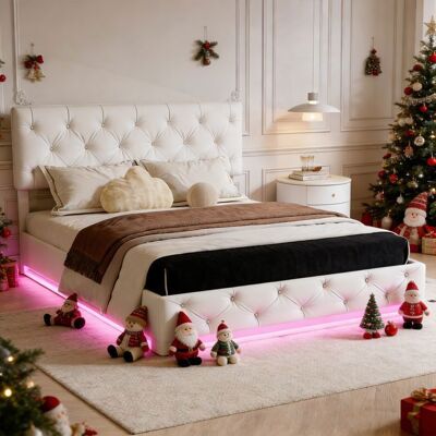 OEM Letto Con Contenitore - 140x190 - Rete A Doghe - Testiera Regolabile - Led Rgb, Lino Écru OEM Letto Con Contenitore - 140x190 - Rete A Doghe - Testiera Regolabile - Led Rgb, Lino Écru
