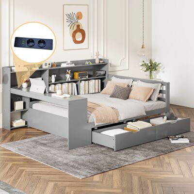 KELLANY Divano Letto In Legno Massello, 140200 Cm, Con Scrivania, Scaffale, Scomparti E Ripiani, Con Presa Elettrica, Con 2 Ampi Scomparti, Letto Matrimoniale Multifunzionale, Grigio KELLANY Divano Letto In Legno Massello, 140200 Cm, Con Scrivania, Scaffale, Scomparti E Ripiani, Con Presa Elettrica, Con 2 Ampi Scomparti, Letto Matrimoniale Multifunzionale, Grigio