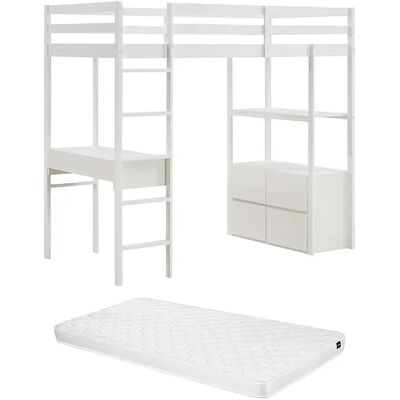 Unique Letto A Soppalco 90 X 190 Cm Con Scrivania E Vani Contenitore Pino E Mdf Bianco + Materasso - Kalizi Unique Letto A Soppalco 90 X 190 Cm Con Scrivania E Vani Contenitore Pino E Mdf Bianco + Materasso - Kalizi