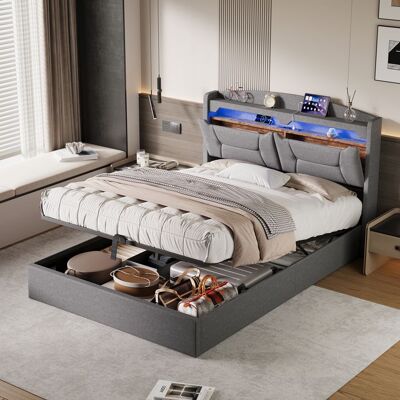 OEM Letto Matrimoniale - Multifunzionale 140x200 - Contenitore Idraulico Xxl - Led Rgb + Stazione Di Ricarica - Tessuto Lino Grigio Chiaro OEM Letto Matrimoniale - Multifunzionale 140x200 - Contenitore Idraulico Xxl - Led Rgb + Stazione Di Ricarica - Tessuto Lino Grigio Chiaro