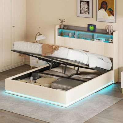 OEM Letto Contenitore Adulti 140x190 Cm Velluto Beige - Letto Matrimoniale Con Rete, Ritiro Idraulico E Testata Letto Led, 350 Kg OEM Letto Contenitore Adulti 140x190 Cm Velluto Beige - Letto Matrimoniale Con Rete, Ritiro Idraulico E Testata Letto Led, 350 Kg